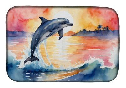Dolphin Leaping at Sunrise Dish Drying Mat Absorbent Dish Drying Mat Pad for Kitchen Counter Dish Drainer Mat for Countertop, 14 x 21", Multicolo